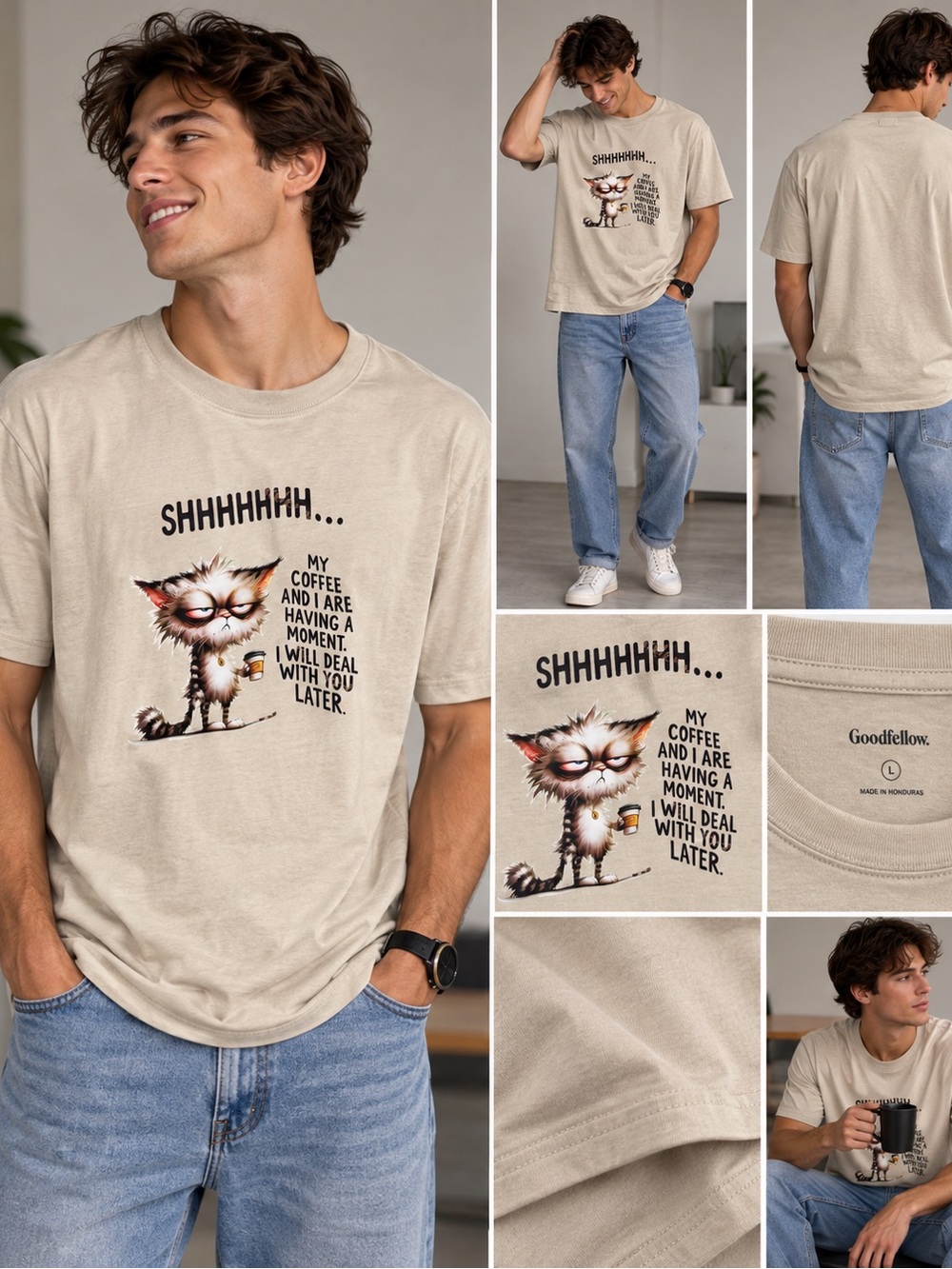 Goodfellow & Co Men’s Cream Graphic Cat Coffee Tee